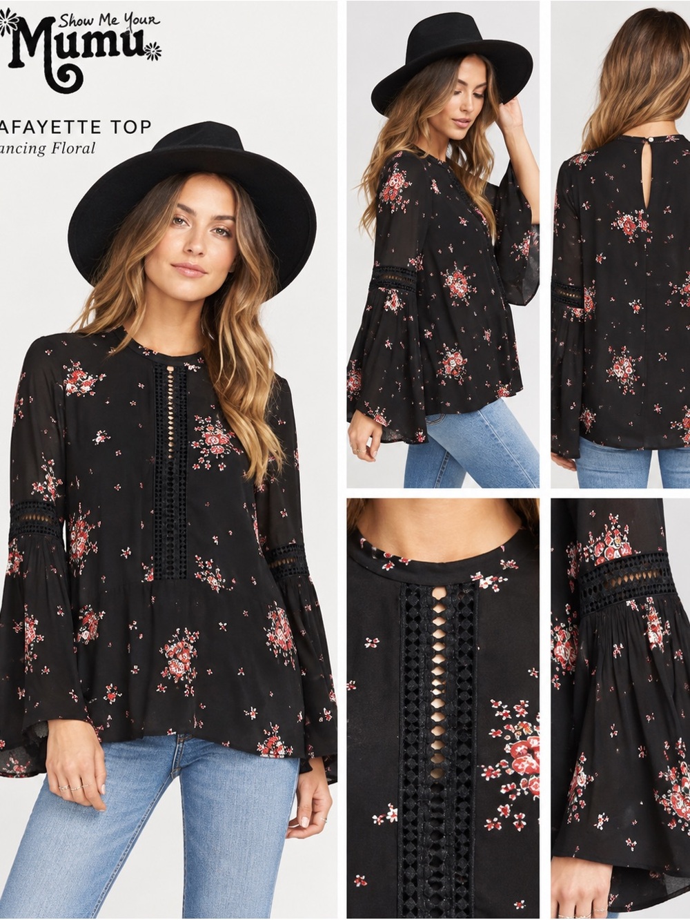 Show Me Your Mumu Lafayette Top S Dancing Floral Bell Sleeve Lace Blouse